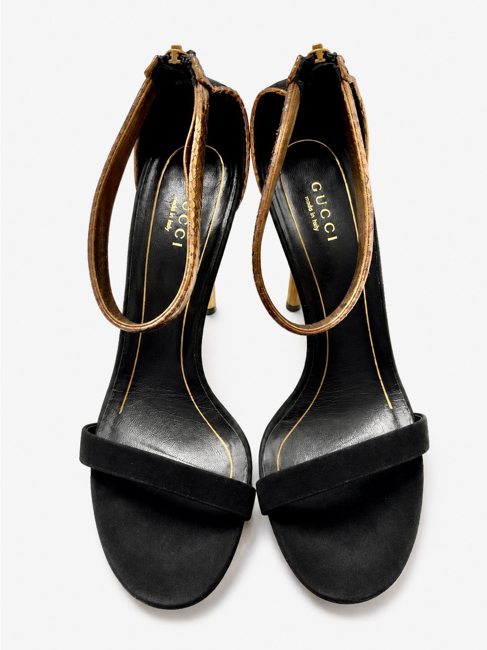 Gucci Black Suede Stiletto Sandals with Gold Ankle Straps - Picture 7 of 7